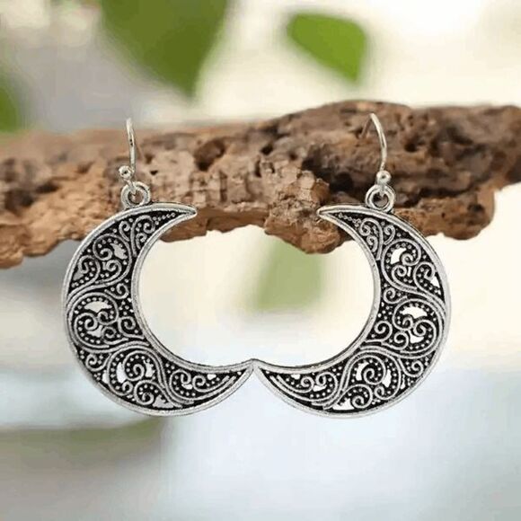 Crescent Moon Filagree Design Silver Dangle Earrings - Picture 2 of 5